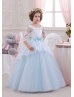 Blue Tulle Ivory Lace Long Sleeves V Back Long Princess Flower Girl Dress